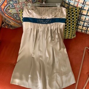 BCBG Maxaxazria Strapless 100% Silk Champagne colored below knee Dress, size 10
